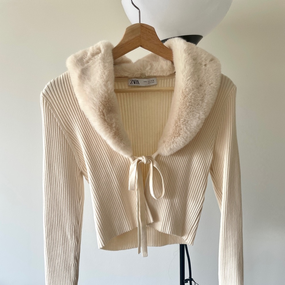 Zara Cream Beige Fur Collar Ribbed Cardigan Size M